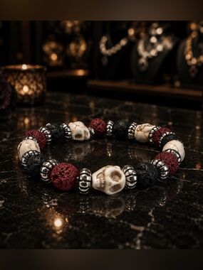 Artisan Jewelry Handmade Gothic Skull Bracelet — Red & Black Lava Stone